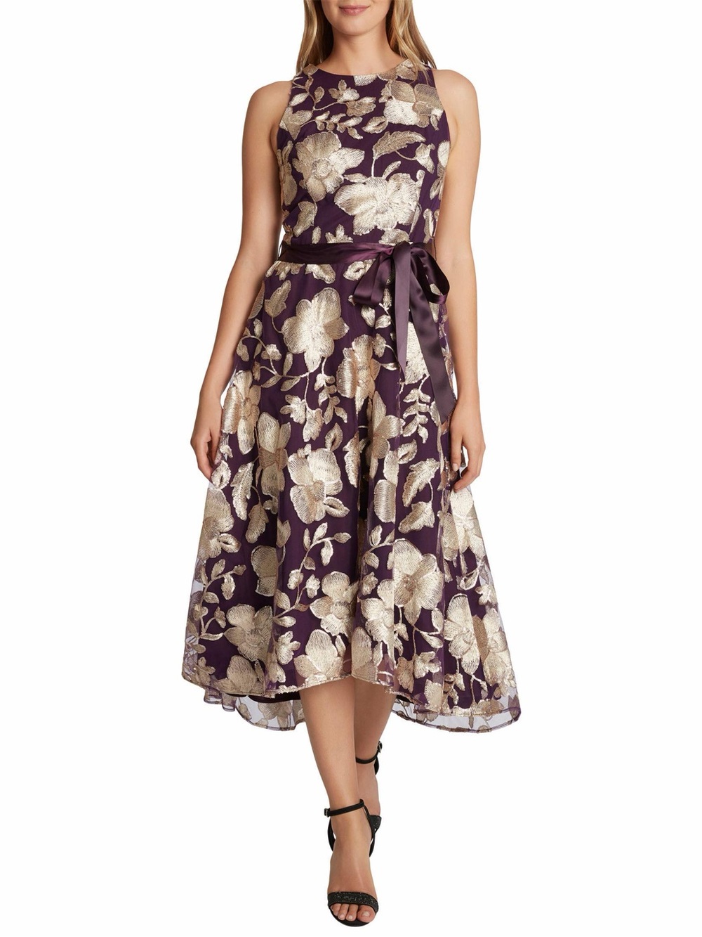 Tahari ASL plum gold cocktail dress sleeveless lace hi lo floral 8 new formal
